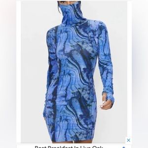 Pretty Little Thing blue tie dye long sleeve mask bodycon dress 10 UK US 6